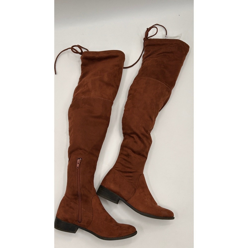 Womens Cognac Brown Faux Suede Over The Knee Thigh High Boots Size 7.5 Low Heel - Picture 6 of 6